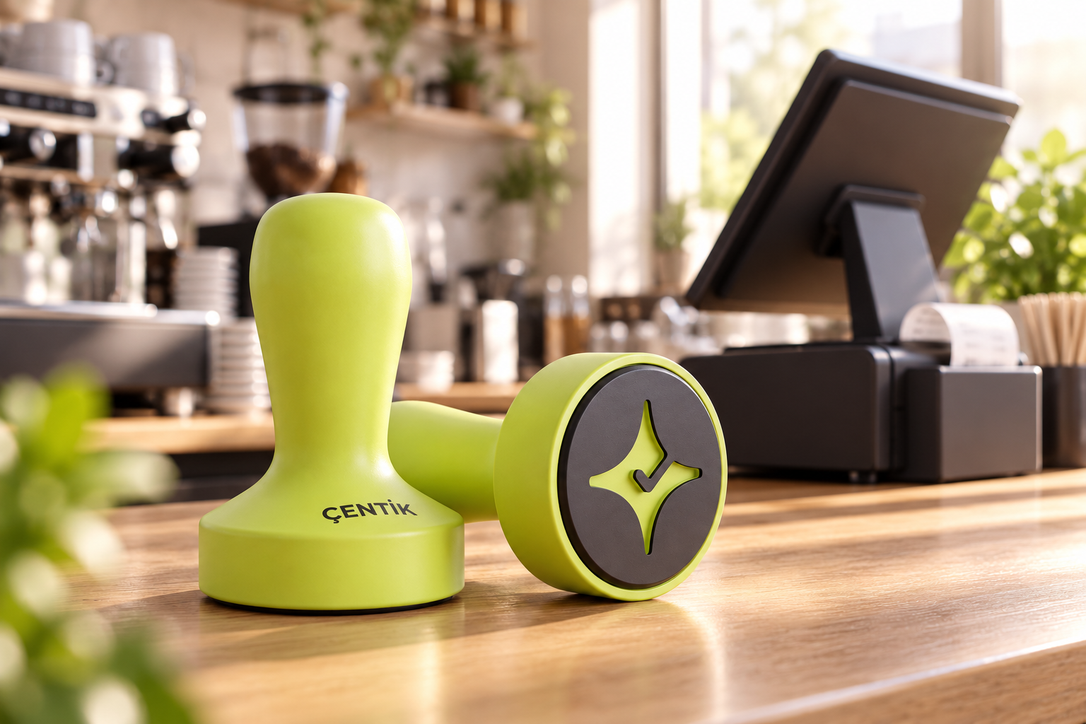 Çentik NFC loyalty touchpoint beside a generic restaurant POS setup, illustrating stand-alone loyalty versus a broader POS stack.