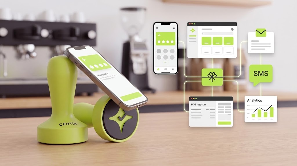 Çentik NFC loyalty touchpoint at a café counter contrasted with a broader multi-channel loyalty system