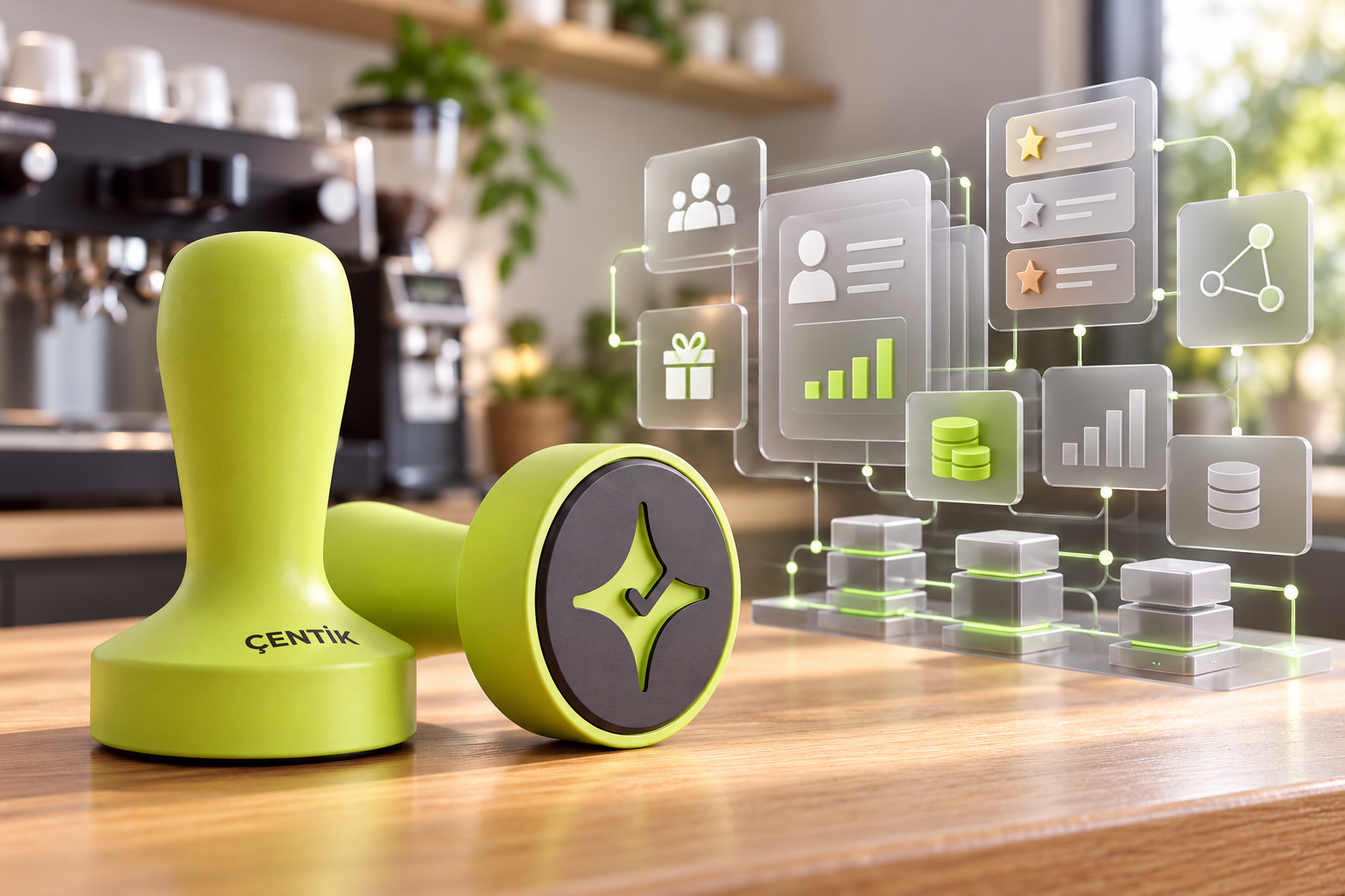 Çentik NFC counter touchpoint beside an abstract enterprise loyalty technology stack