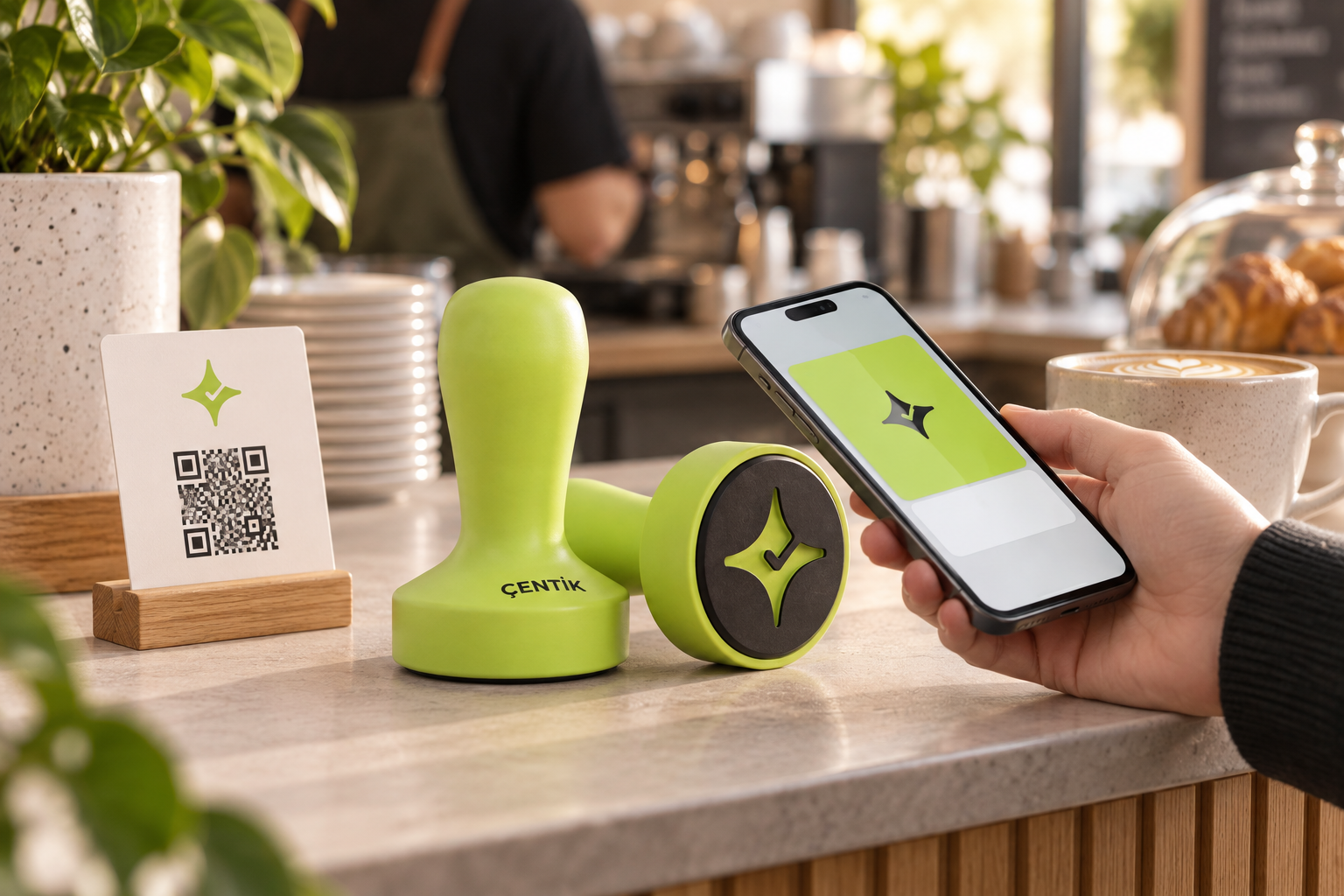Çentik NFC counter device and QR loyalty flow in a modern UK café.