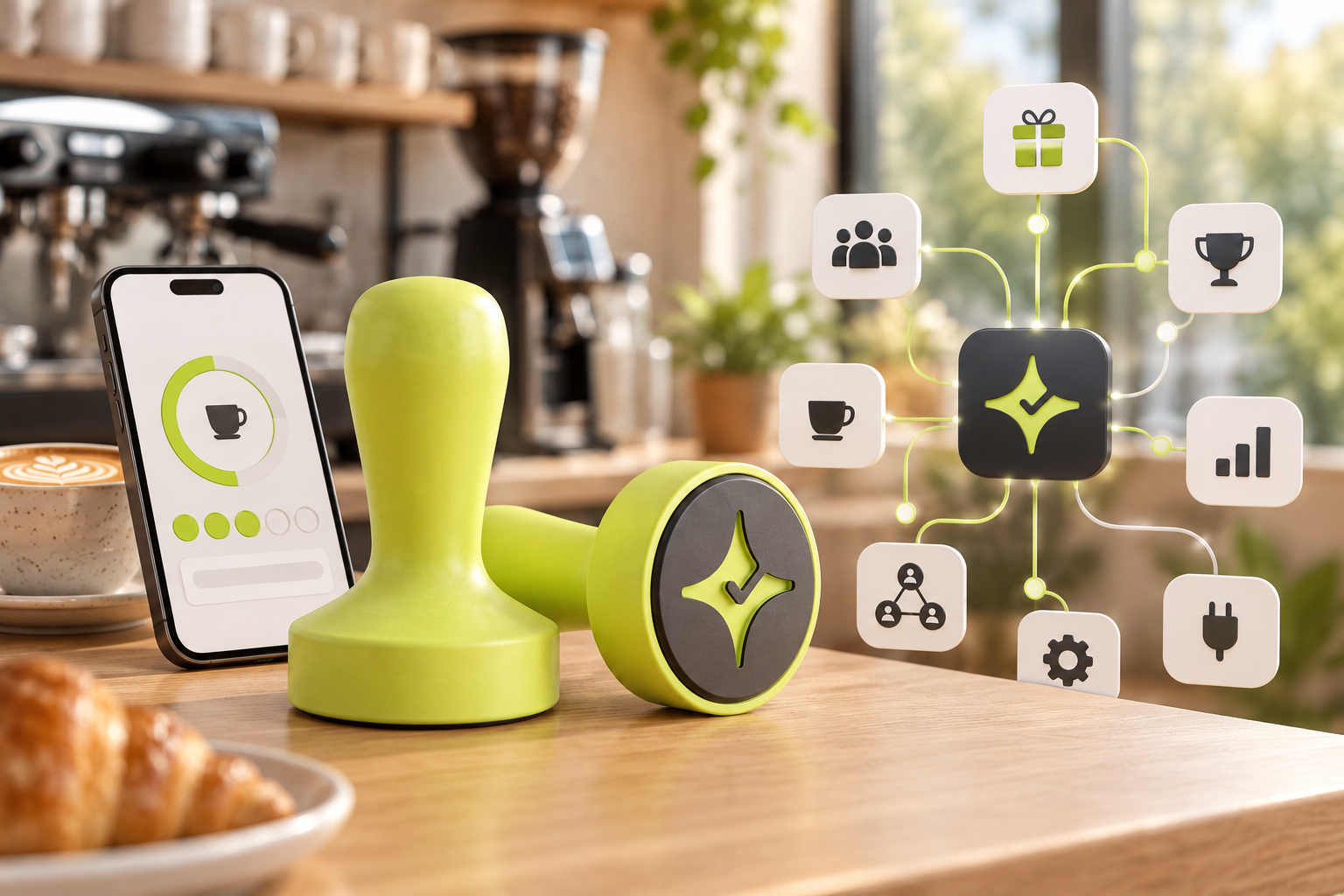 Çentik NFC loyalty touchpoint on a café counter beside an abstract connected loyalty and referral system