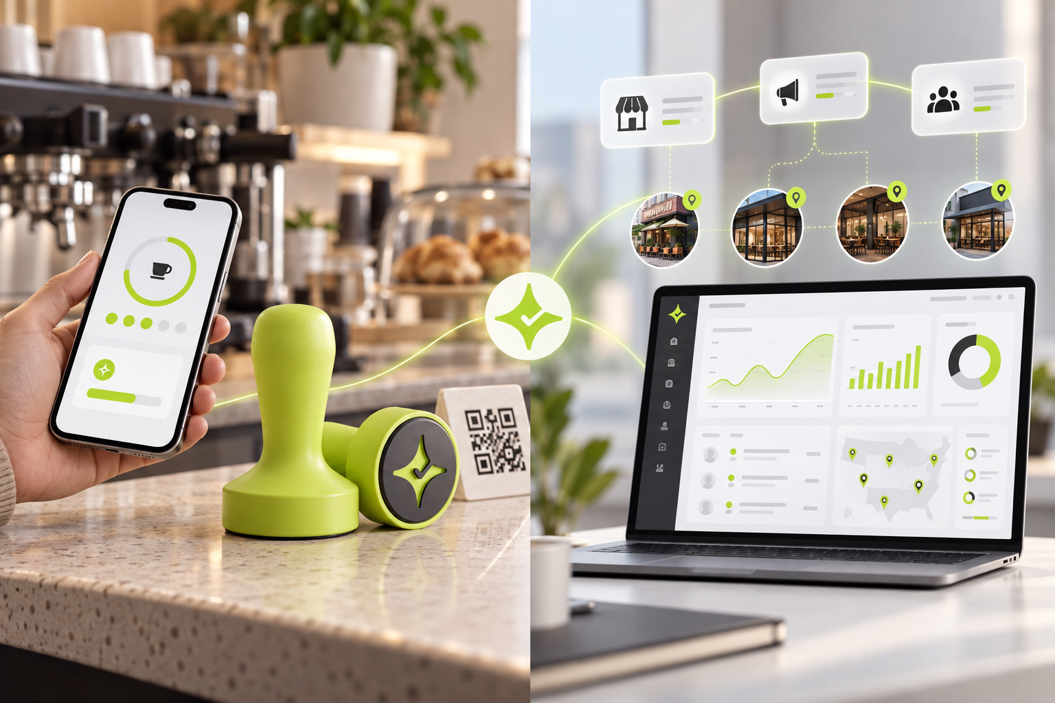 Editorial comparison of Çentik NFC and QR loyalty at a café counter with a restaurant enterprise loyalty and analytics concept.