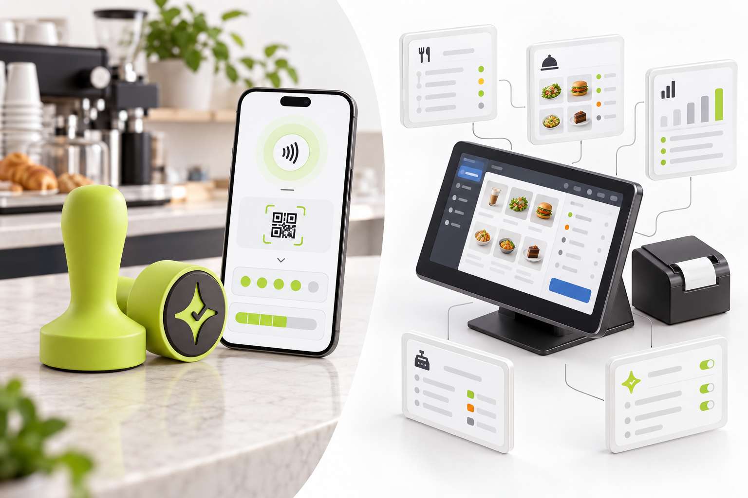 Conceptual diagram showing Çentik NFC and QR interactions leading to count-based or balance-based rewards beside restaurant POS transaction and operational workflows.