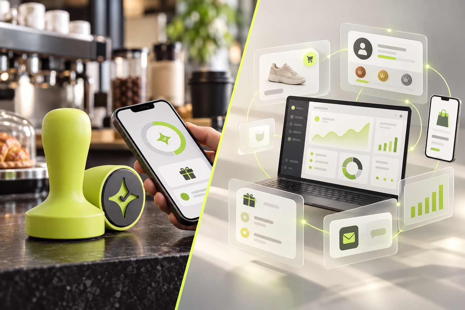 Conceptual comparison of Çentik NFC loyalty at a café counter and an enterprise omnichannel rewards platform representing Zinrelo and TrueLoyal.