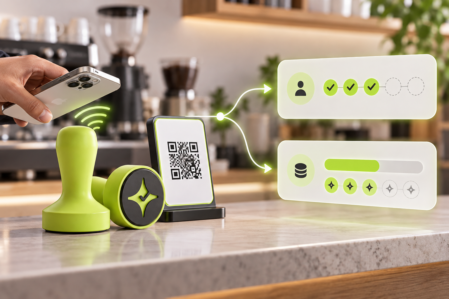 Conceptual Çentik counter loyalty workflow showing NFC taps and QR scans leading to count-based rewards or loyalty balances.