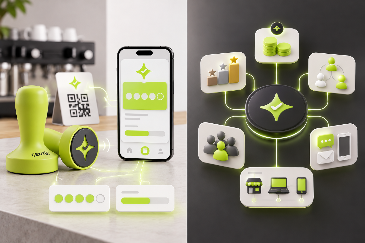Conceptual workflow comparison showing Çentik NFC and QR reward earning with count and balance options alongside enterprise points, tiers, referrals, and customer journeys.