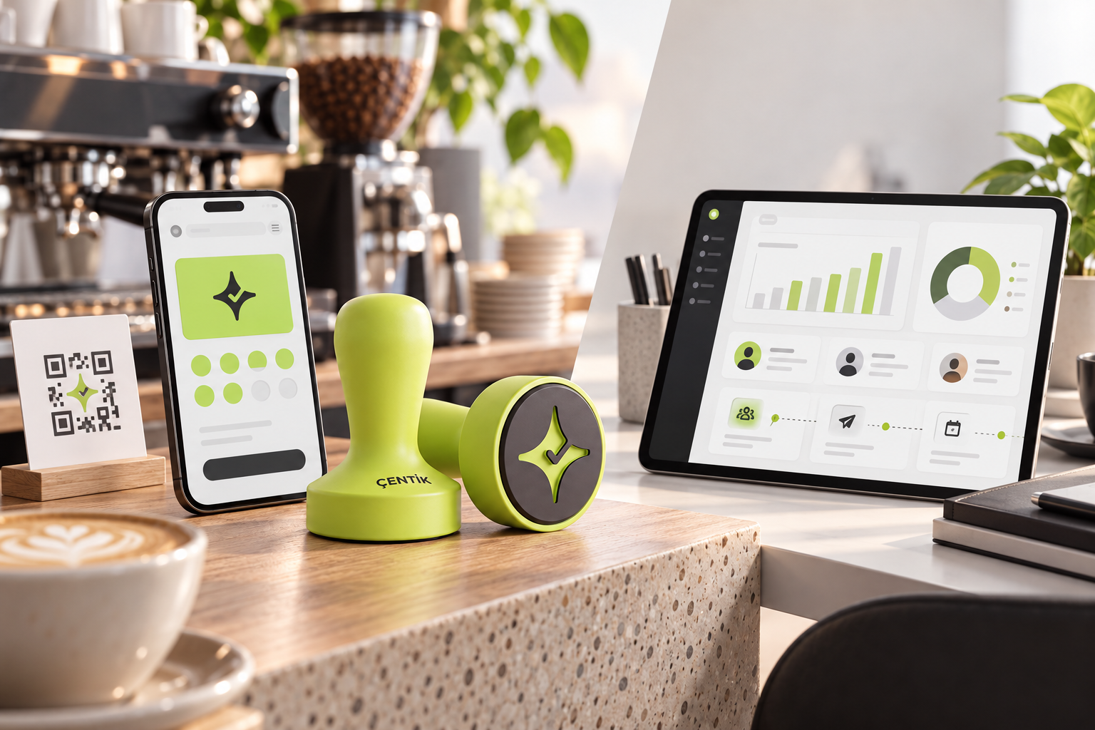 Side-by-side restaurant loyalty comparison showing Çentik's lime NFC counter touchpoint and mobile rewards experience beside a conceptual restaurant marketing and digital ordering workspace.
