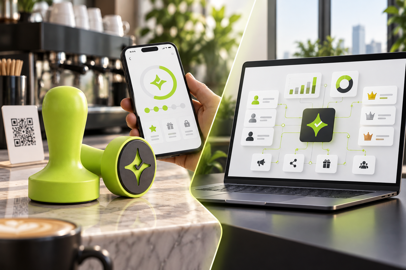 Visual comparison of Çentik's lime NFC loyalty touchpoint and mobile rewards experience with a configurable enterprise loyalty system.