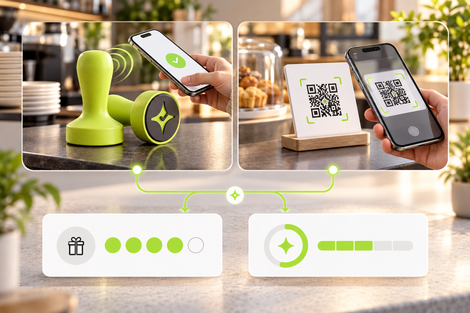 Çentik NFC tap and counter QR scan workflows leading to count-based rewards and a loyalty balance.