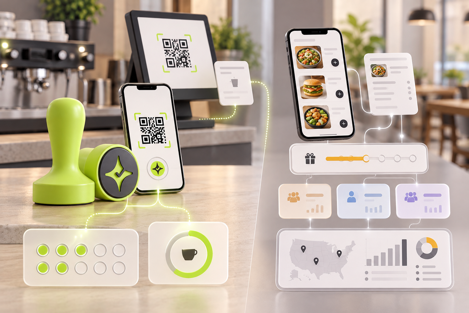 Conceptual workflow comparison showing Çentik NFC and QR inputs leading to count or balance rewards alongside an ordering-connected restaurant loyalty and marketing system.