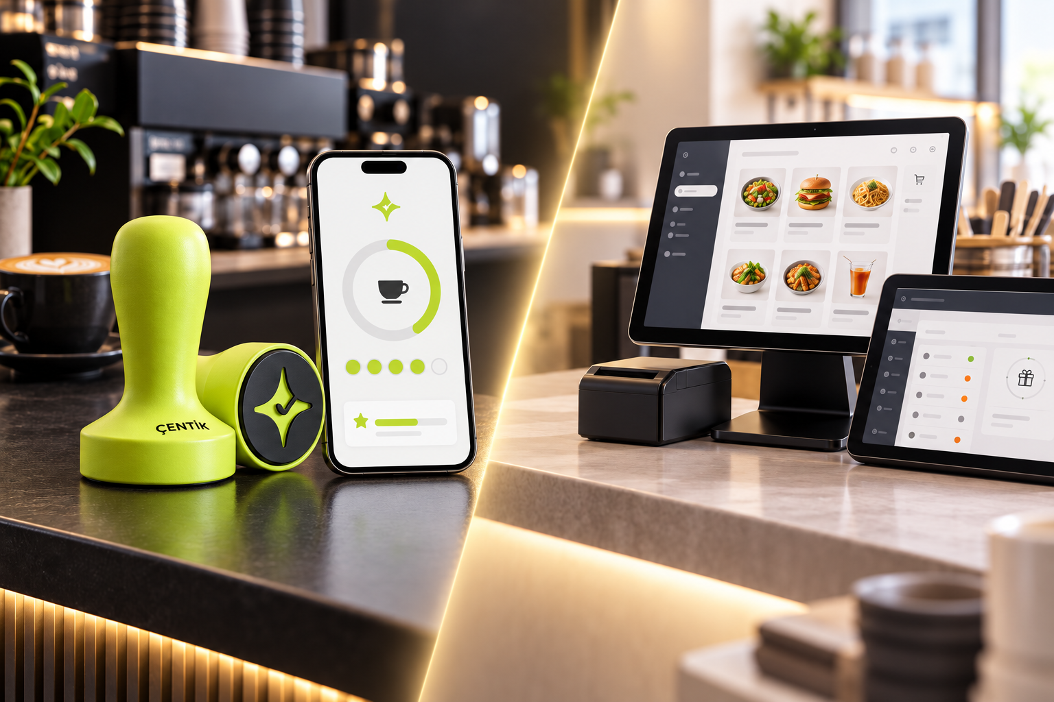 Comparison of a lime Çentik NFC loyalty touchpoint with a mobile rewards experience and a restaurant digital ordering system.