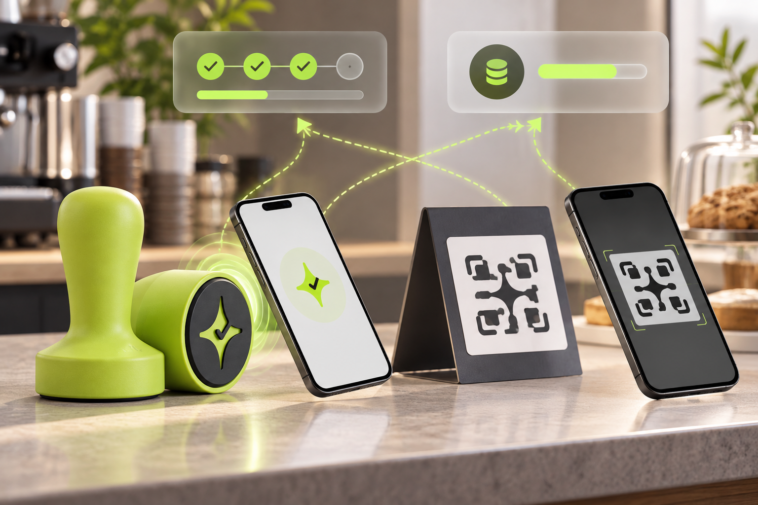 Çentik NFC counter tap and POS-displayed QR workflows leading to count-based rewards or loyalty balances.