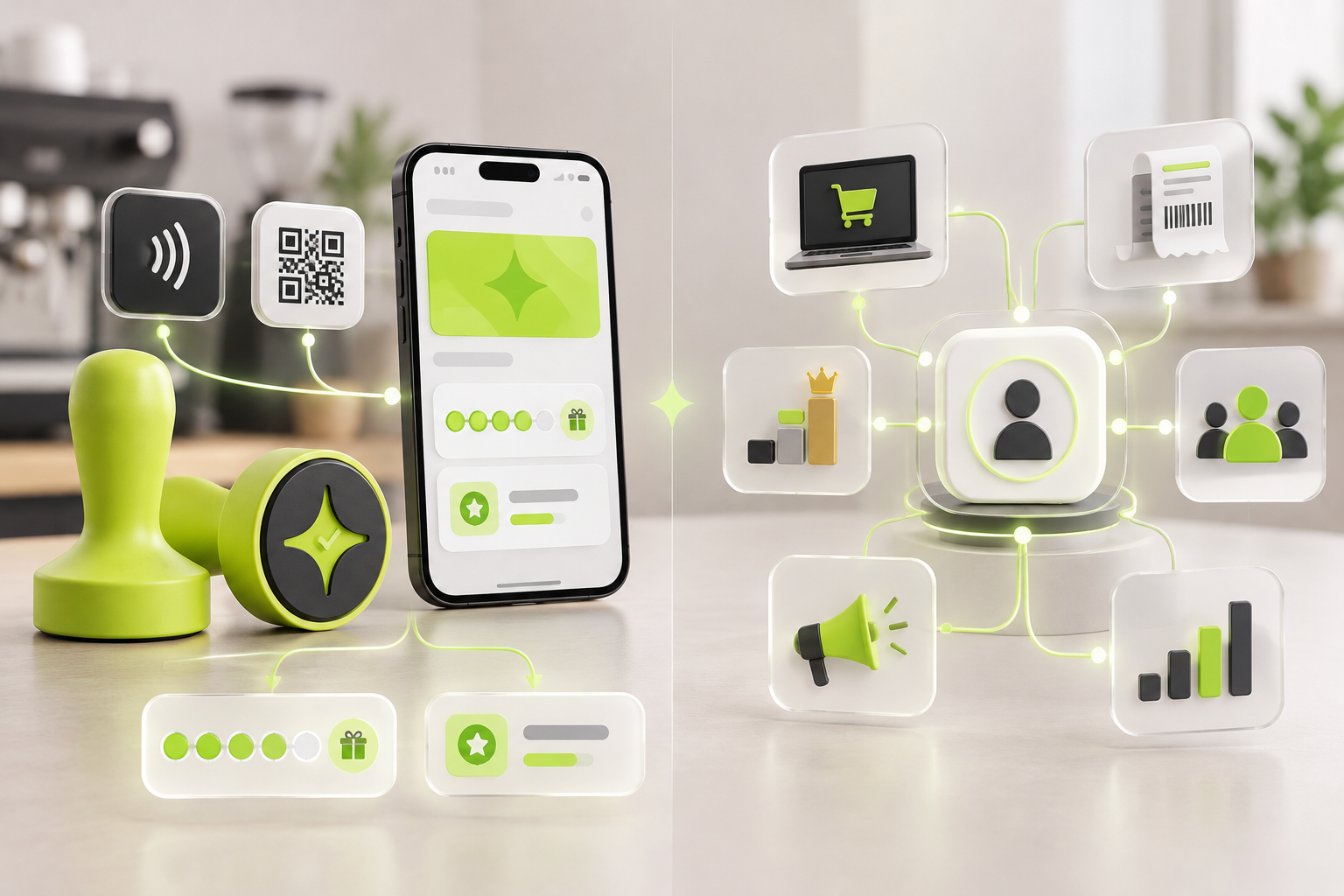 Visual comparison of Çentik NFC and QR loyalty earning with count and balance rewards beside enterprise points, tiers, referrals, and customer engagement workflows.