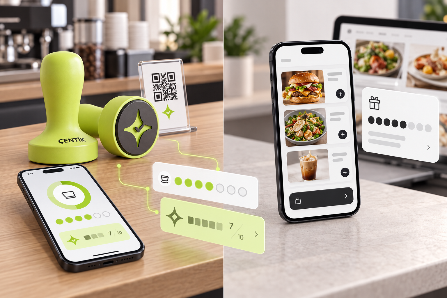 Conceptual loyalty workflow comparison showing Çentik NFC and QR inputs leading to count or balance rewards alongside restaurant order-connected points rewards.