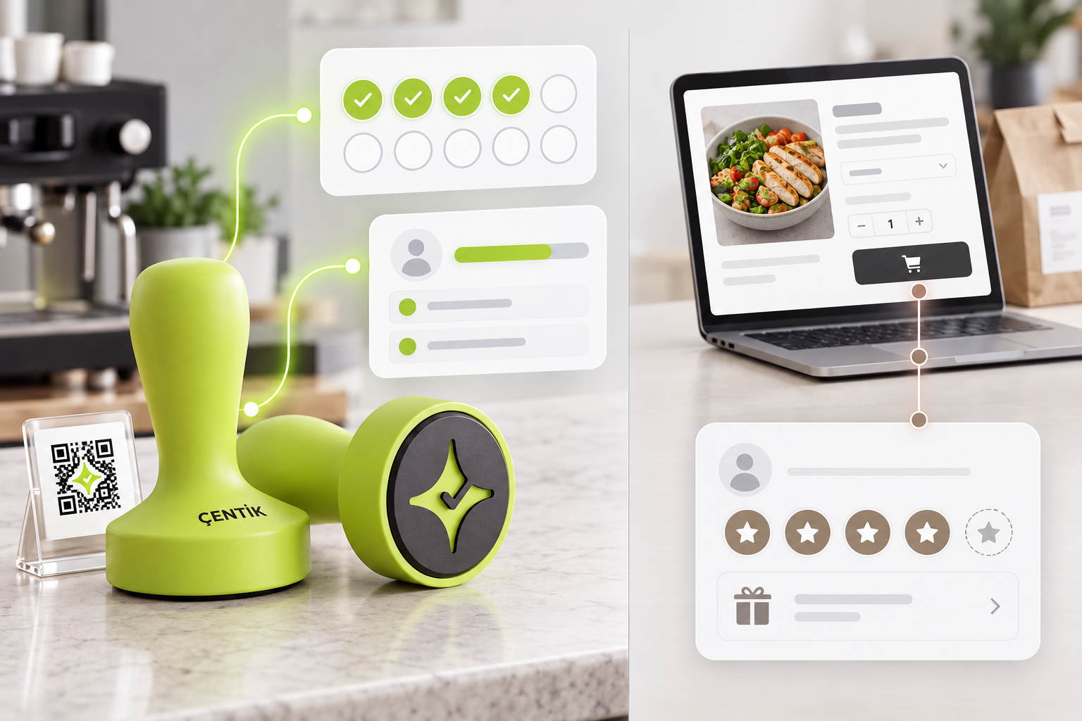 Conceptual comparison of Çentik NFC and QR inputs leading to count or balance rewards alongside a separate restaurant order-connected points and stamps workflow.