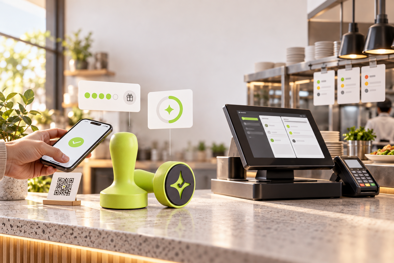 Editorial comparison of a Çentik NFC and QR loyalty counter experience and a restaurant POS management workflow.