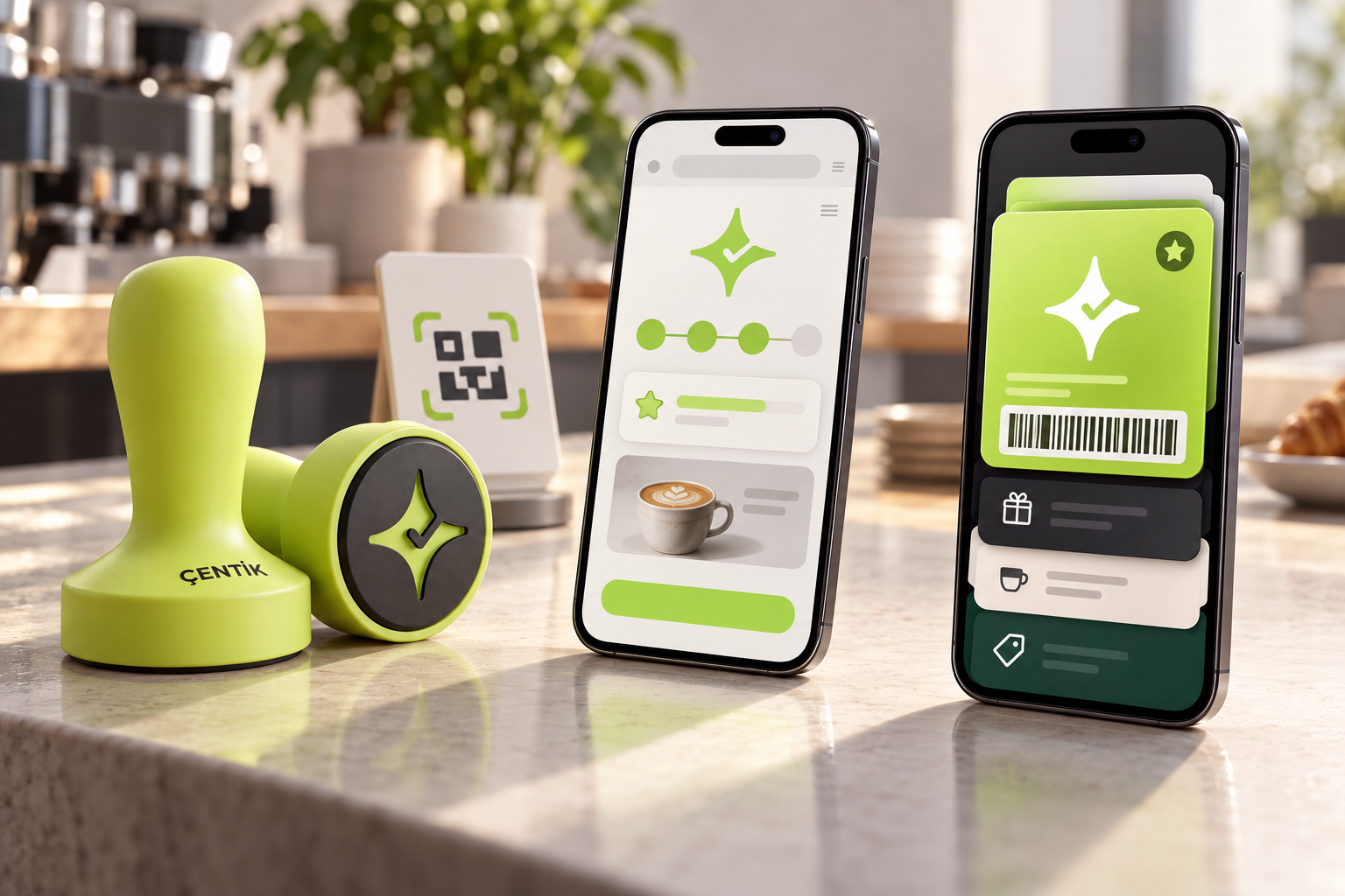Side-by-side concept showing Çentik's lime NFC loyalty touchpoint and a customer phone alongside a generic digital wallet loyalty pass experience.