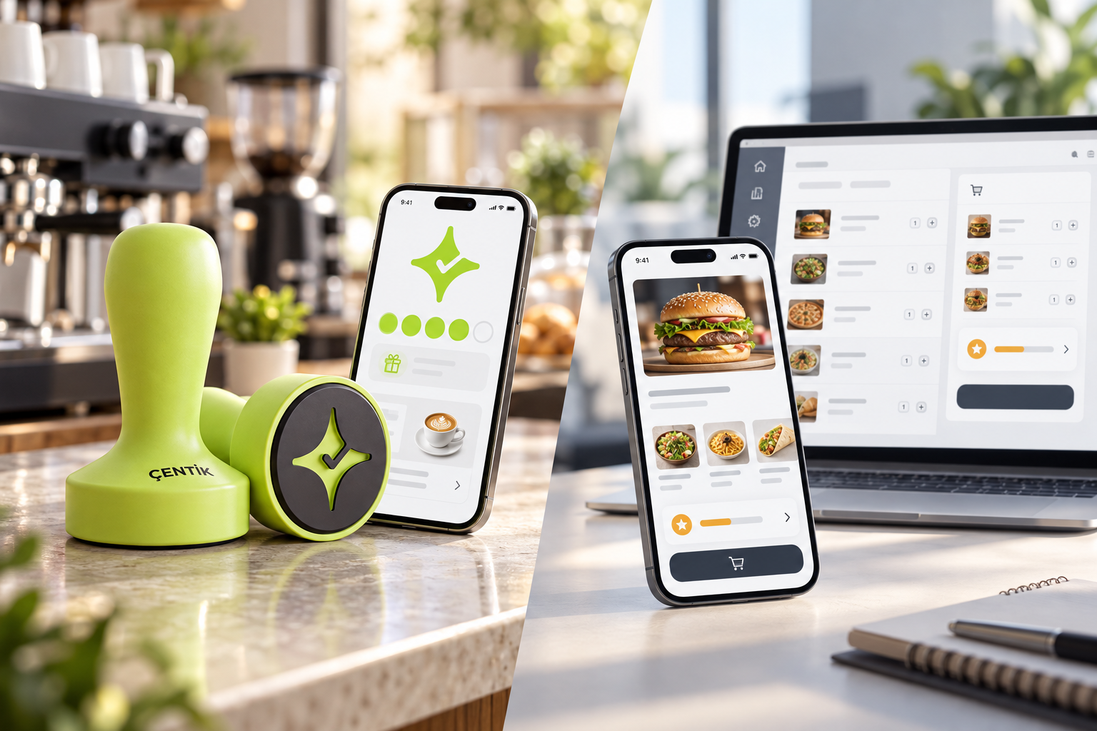 Çentik NFC loyalty touchpoint and customer phone contrasted with a generic restaurant online ordering and rewards experience.