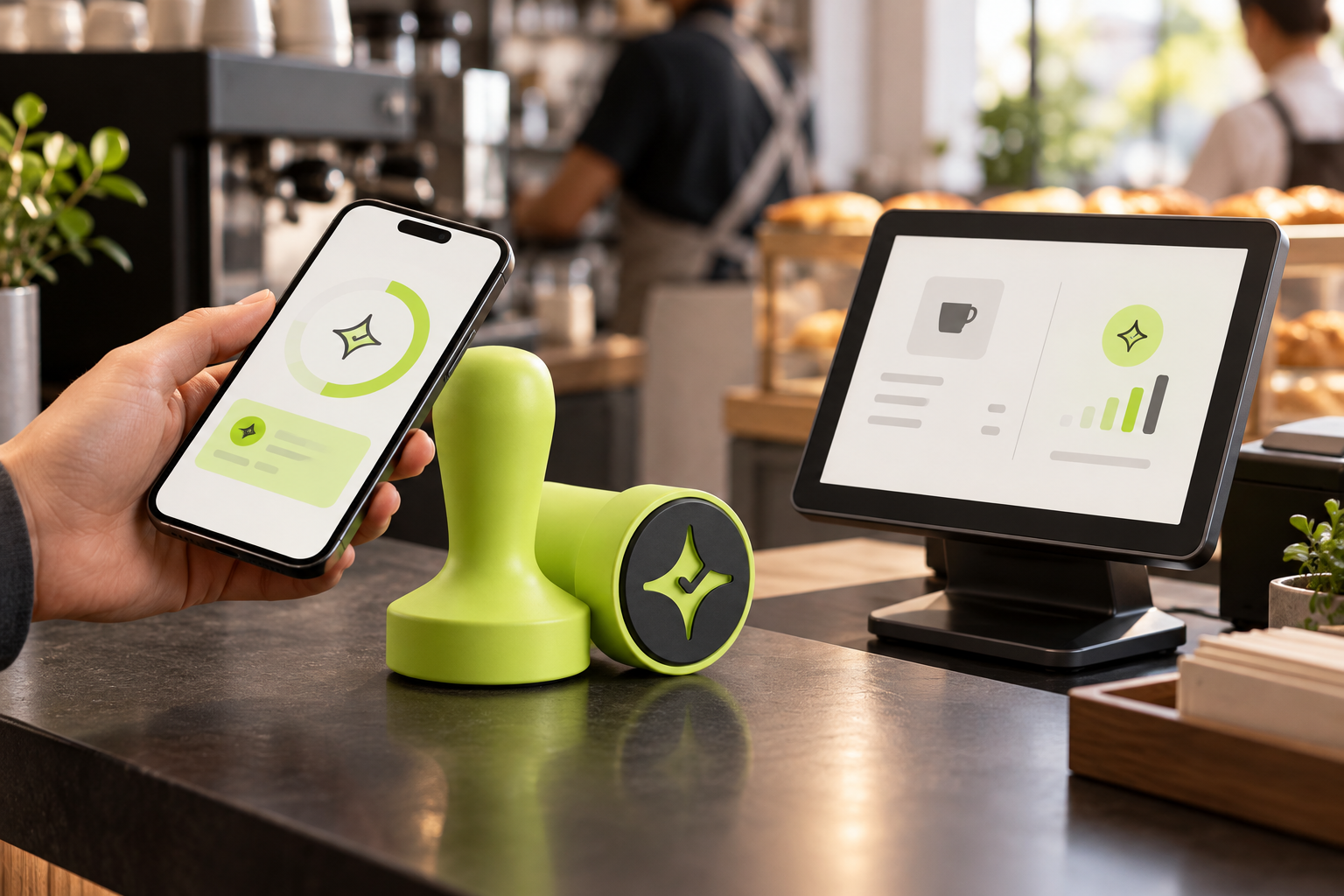 Side-by-side editorial illustration of Çentik NFC loyalty at a café counter and an integrated restaurant POS loyalty checkout workflow.