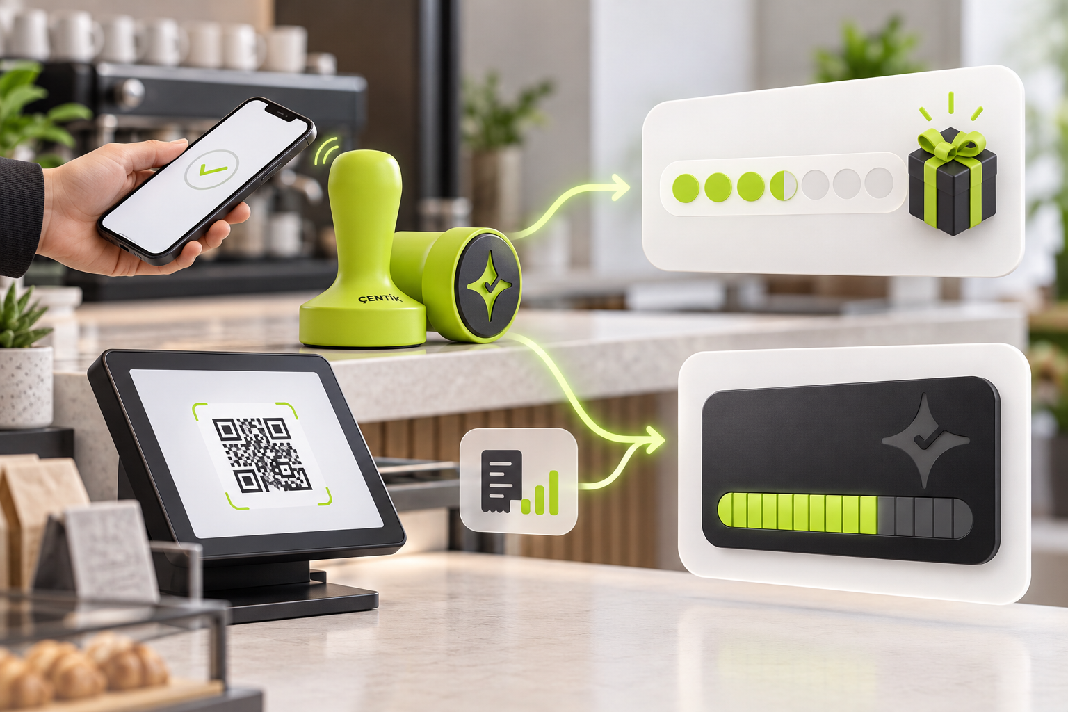 Illustrated Çentik loyalty workflow showing an NFC counter tap and POS-displayed QR scan leading to count-based rewards or a loyalty balance.