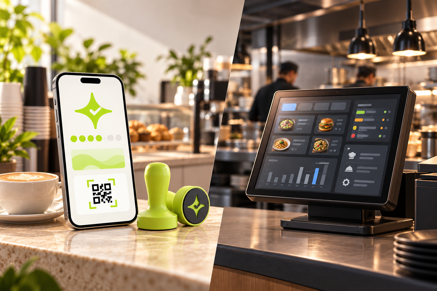Editorial comparison of a Çentik NFC and QR loyalty counter experience with a comprehensive restaurant POS operations environment.