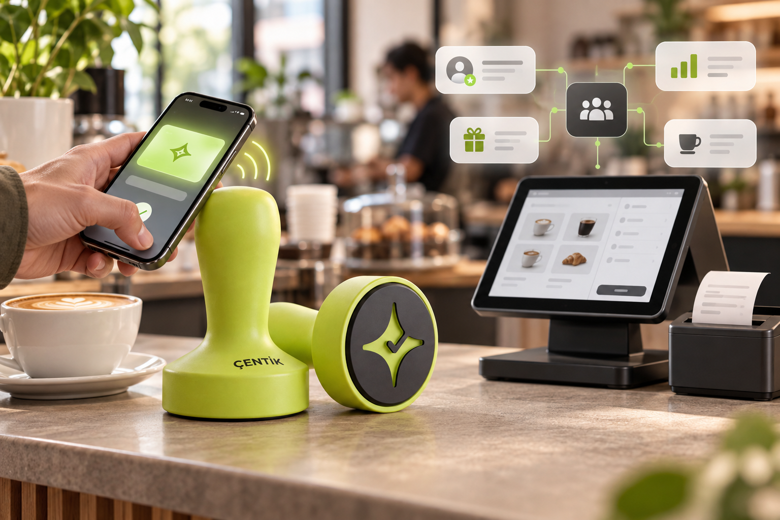 Çentik NFC loyalty tap at a café counter contrasted with a POS-integrated loyalty workflow