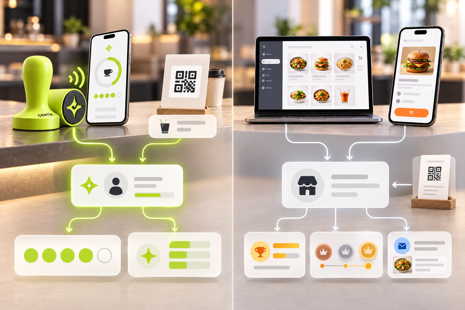 Conceptual loyalty workflow comparison showing Çentik NFC and QR inputs leading to count or balance rewards alongside restaurant ordering-connected points and marketing workflows.