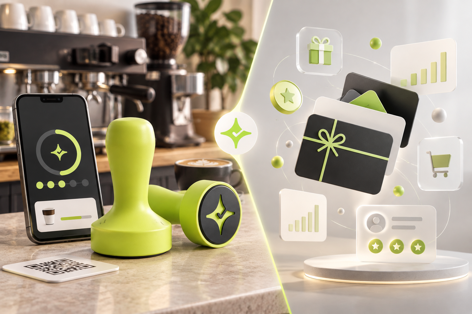 Editorial comparison of Çentik NFC and QR loyalty at a cafe counter with a separate digital gift card and rewards management concept.