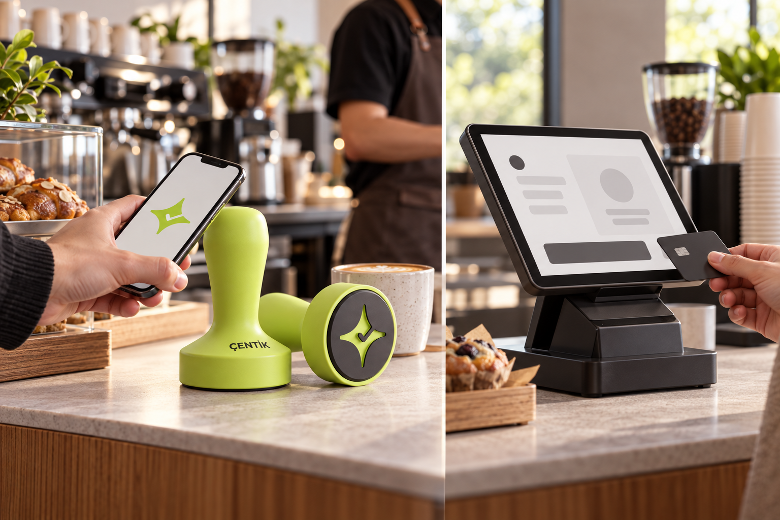 Editorial comparison of a Çentik NFC loyalty tap beside an integrated POS loyalty checkout workflow.