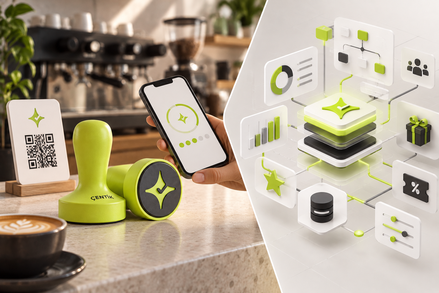 Conceptual comparison of Çentik's NFC and QR customer loyalty experience with an enterprise loyalty and promotions architecture.