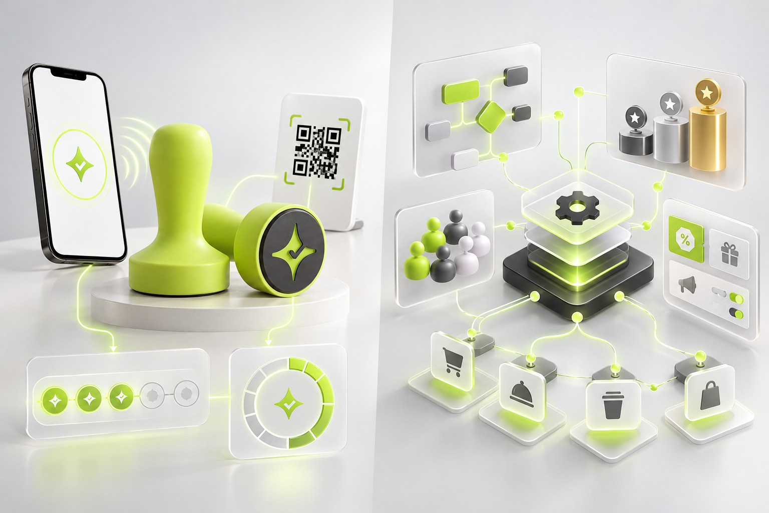 Visual workflow comparing NFC and QR count or balance rewards with enterprise loyalty points, tiers, promotions, and transaction-driven rules.