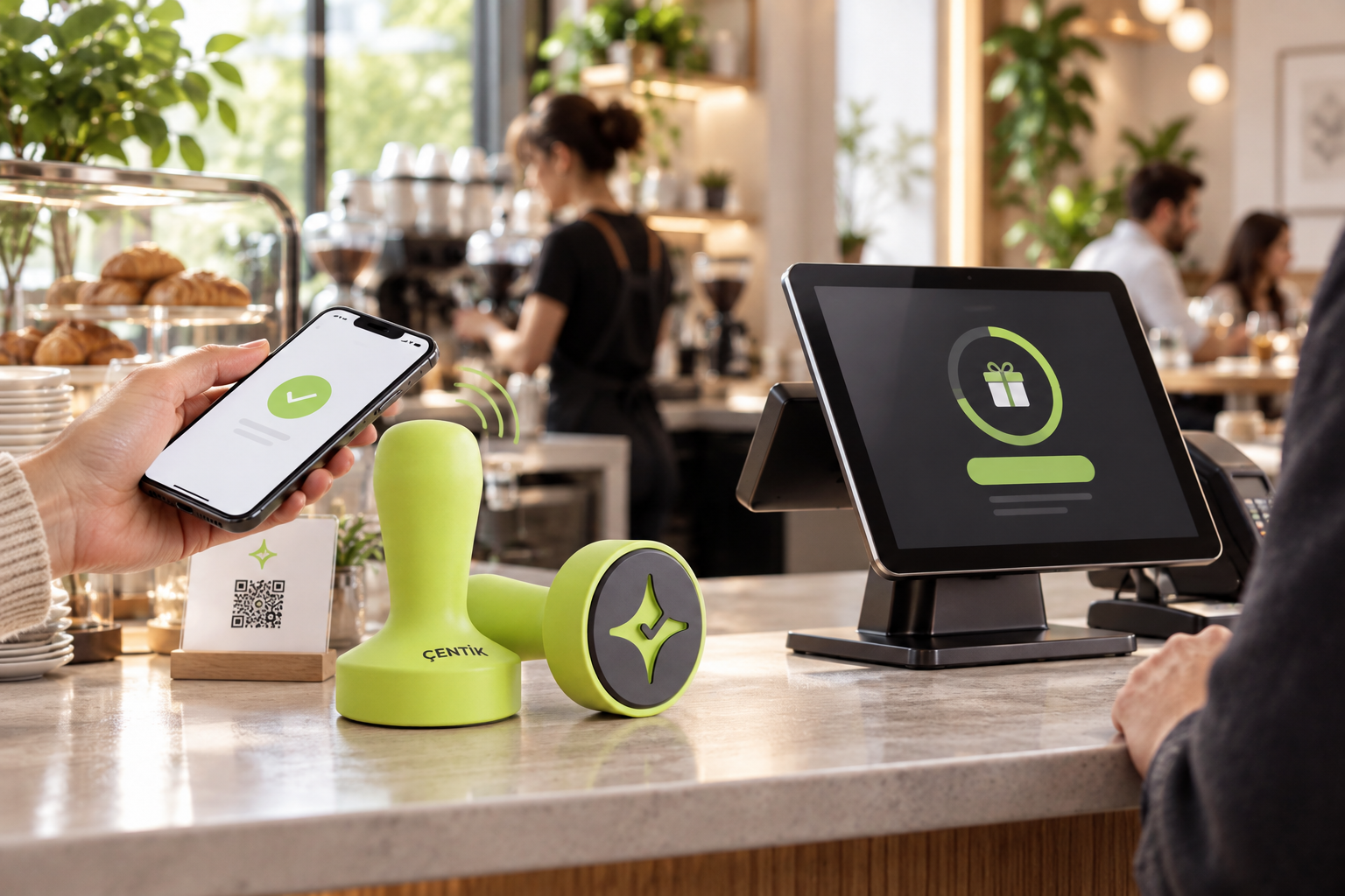 Comparison of a Çentik NFC loyalty interaction at a café counter and a restaurant POS-connected loyalty checkout.
