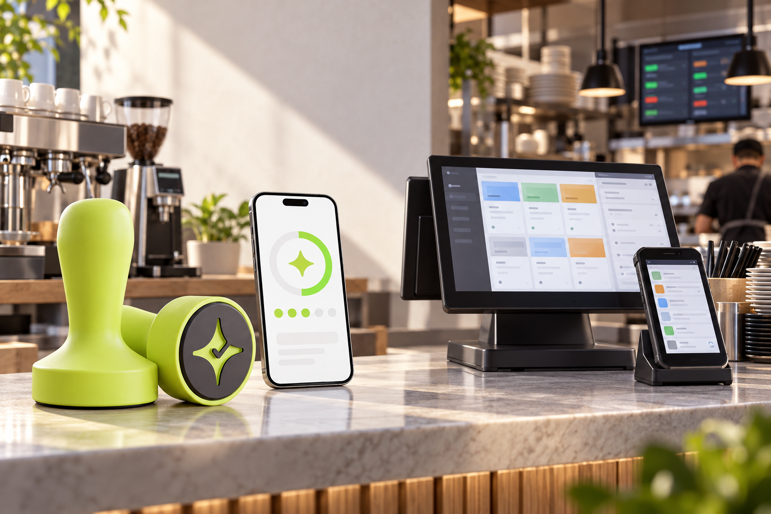 Conceptual comparison of Çentik NFC and QR customer loyalty with an integrated restaurant POS and operations workflow.