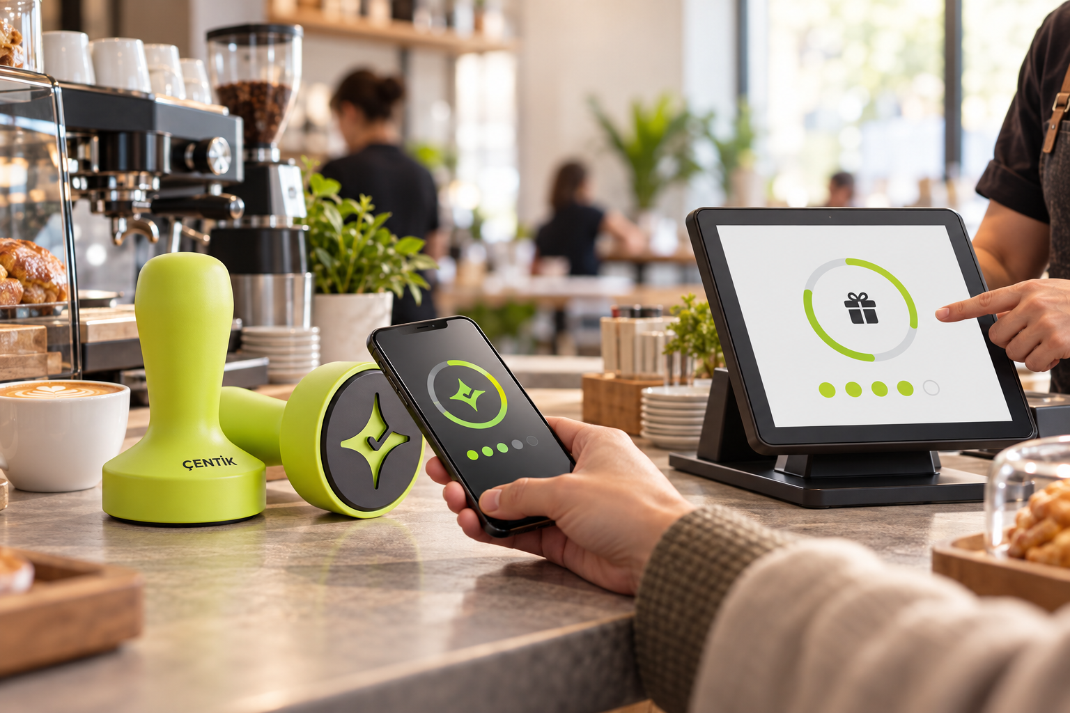Çentik NFC loyalty tap at a café counter contrasted with a POS-integrated customer rewards checkout experience.
