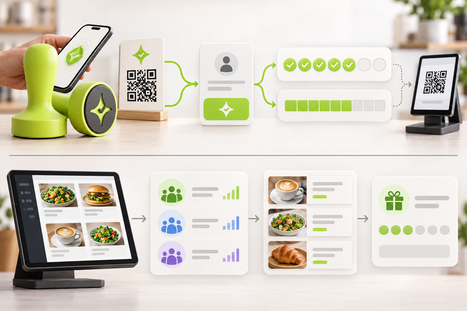 Conceptual comparison of Çentik NFC and QR loyalty interactions leading to visit counts or reward balances, alongside a separate restaurant customer segmentation and marketing workflow.