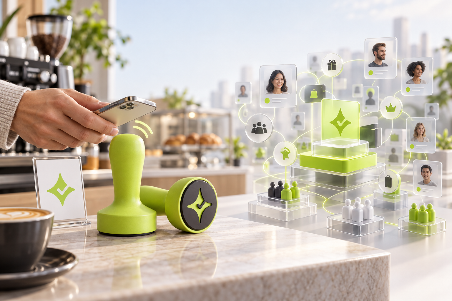 Editorial comparison of Çentik's NFC and QR loyalty counter experience with an abstract enterprise customer engagement system.