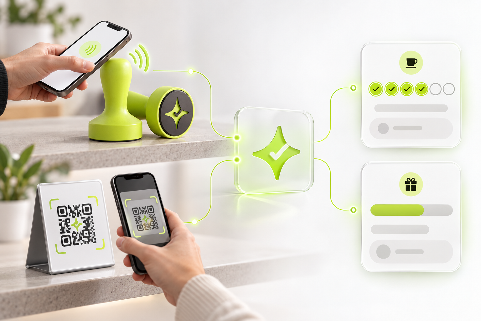 Çentik loyalty workflow concept showing NFC taps and counter QR scans leading to count-based rewards or a loyalty balance.