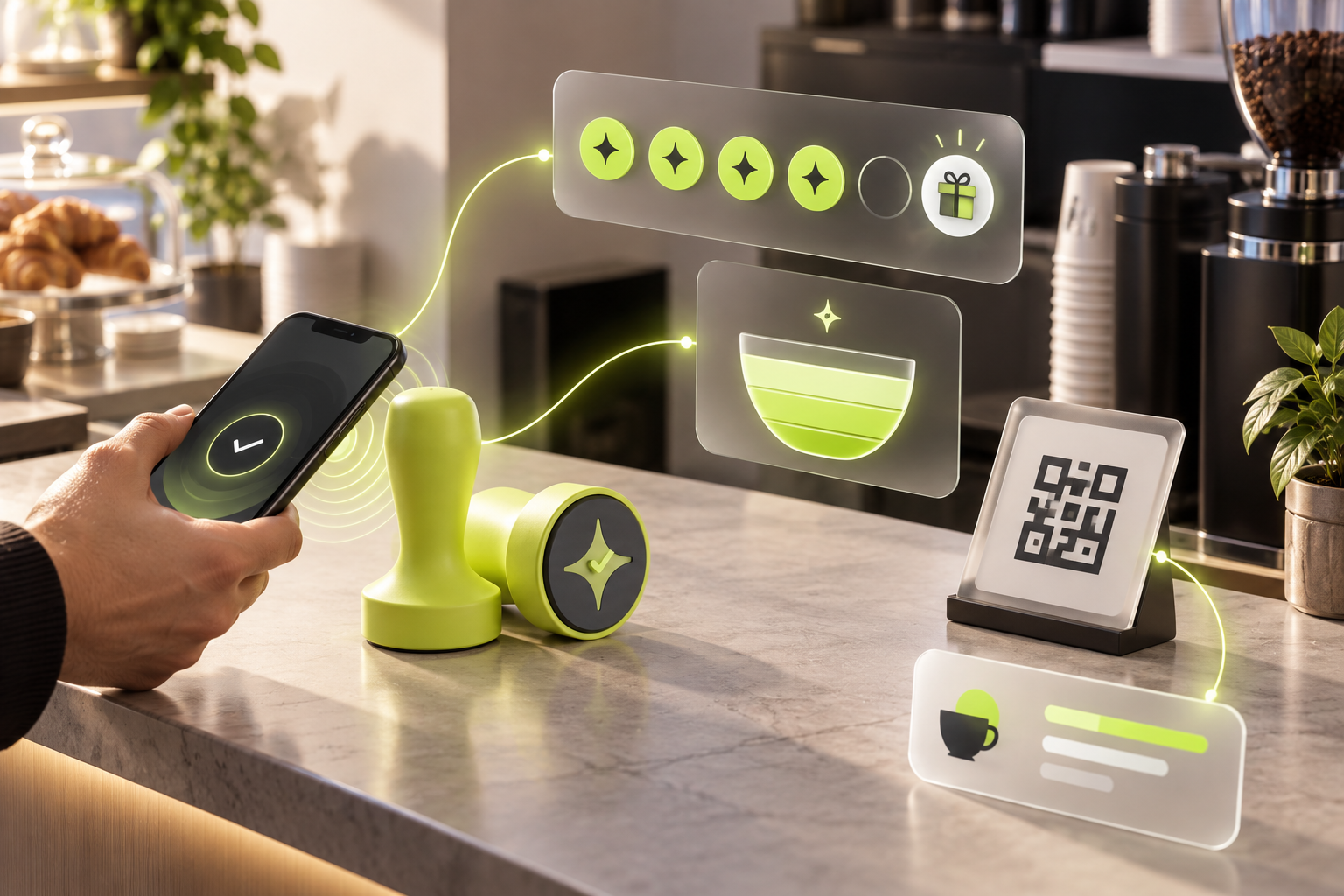 Conceptual Çentik loyalty workflow showing NFC taps and counter QR scans leading to count-based or balance-based rewards.