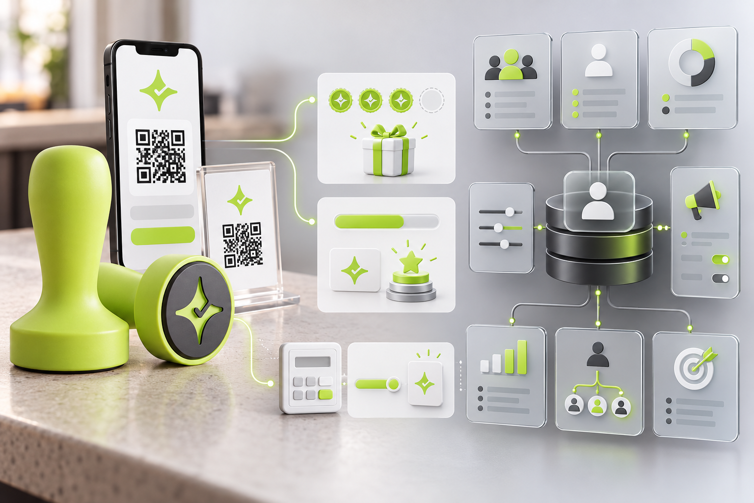 Conceptual workflow showing Çentik NFC and QR interactions leading to count-based or balance-based rewards alongside enterprise customer data and personalization workflows.