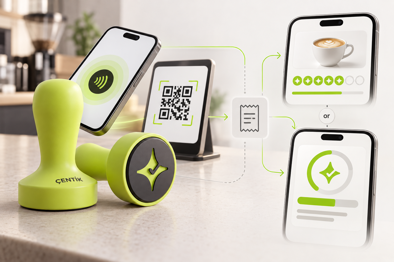 Çentik NFC damper and counter QR interactions leading to count-based loyalty rewards and balance-based rewards.