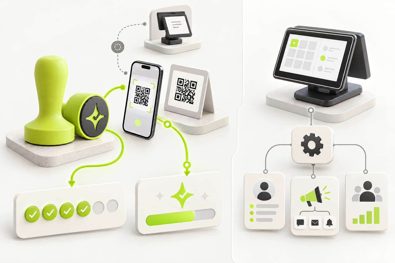 Comparison diagram showing Çentik NFC and QR interactions leading to count-based rewards or a loyalty balance, alongside a separate POS-integrated rewards workflow.