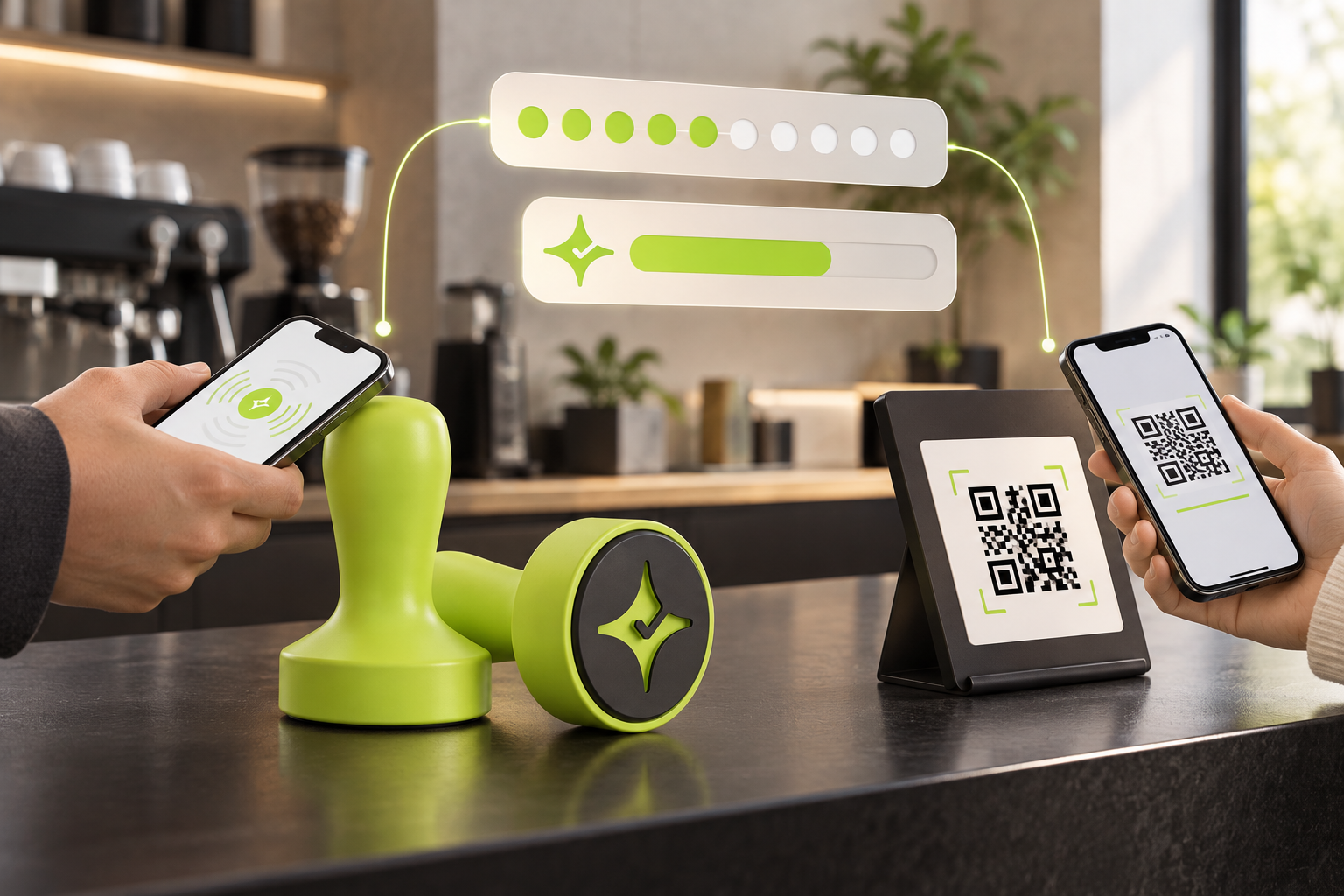 Çentik loyalty concept showing NFC tap and counter QR interactions leading to count-based rewards or loyalty balances.