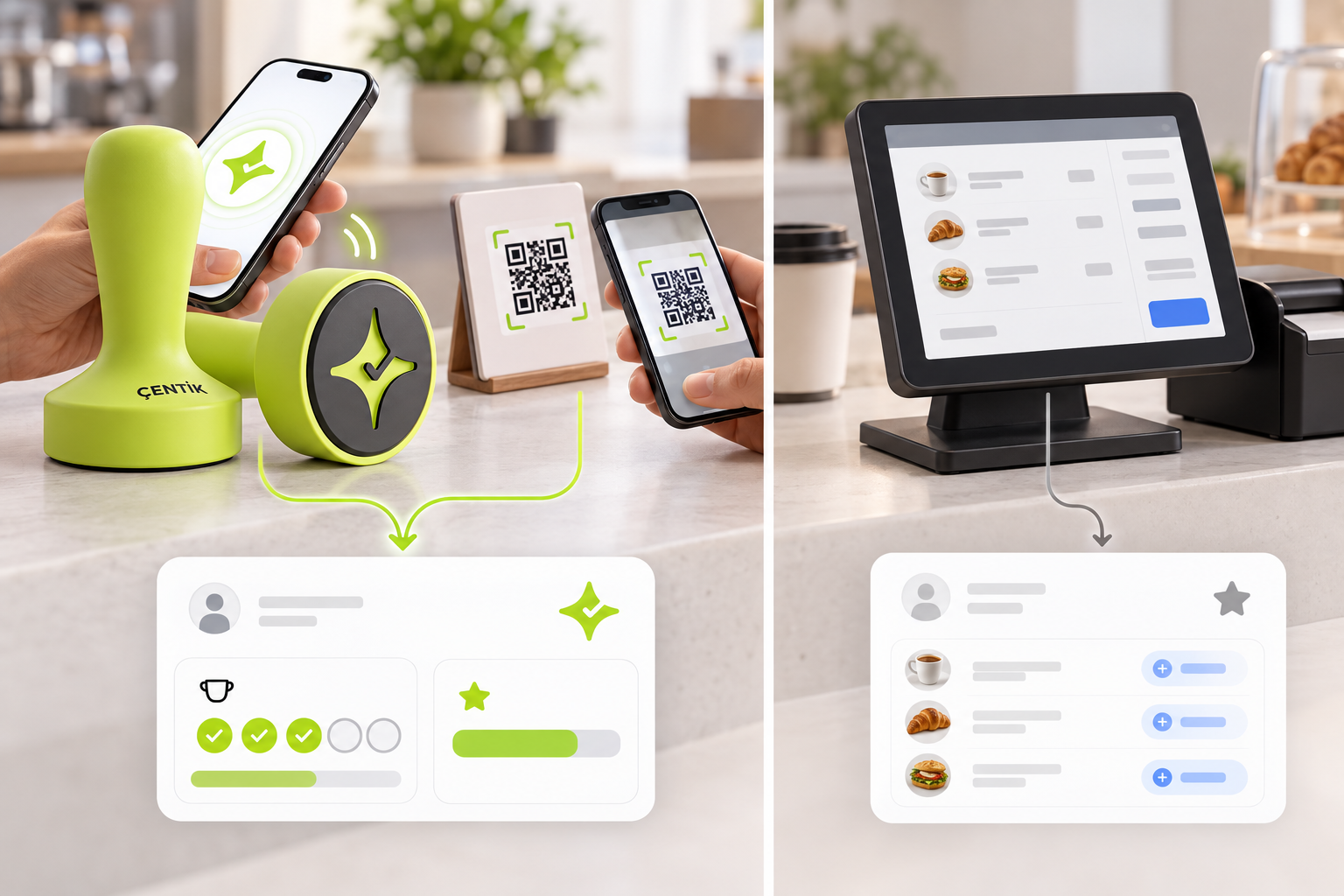 Conceptual comparison of Çentik NFC and QR loyalty earning with count and balance rewards alongside a separate POS-connected spending and item rewards workflow.