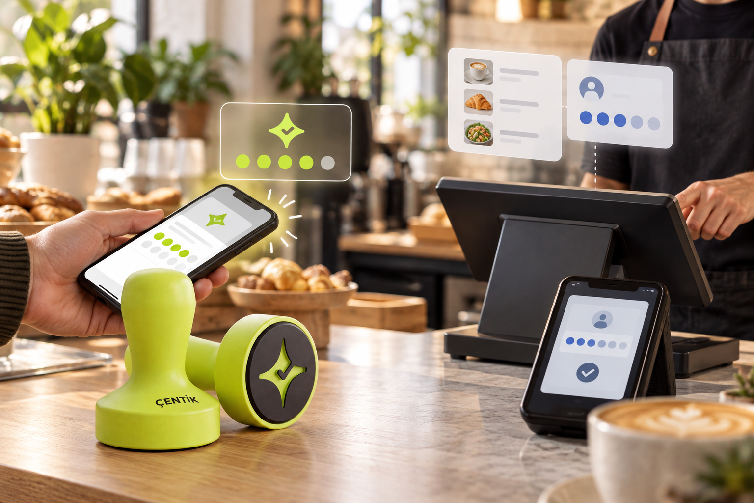 A U.S. café counter visual comparing Çentik’s NFC loyalty touchpoint with an integrated restaurant POS loyalty workflow.