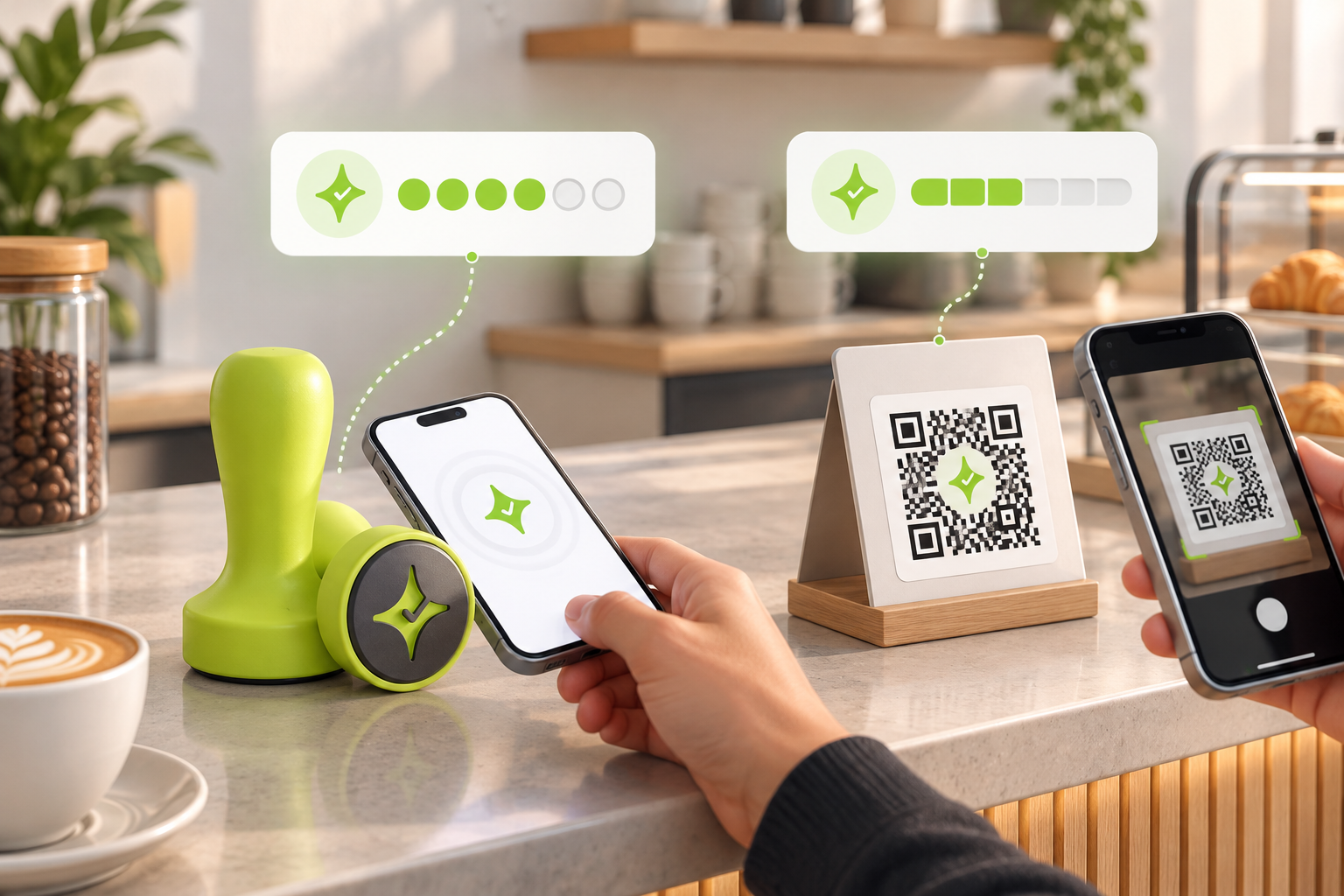 Çentik loyalty workflow concept showing an NFC tap and counter QR scan leading to count-based rewards or loyalty balance.