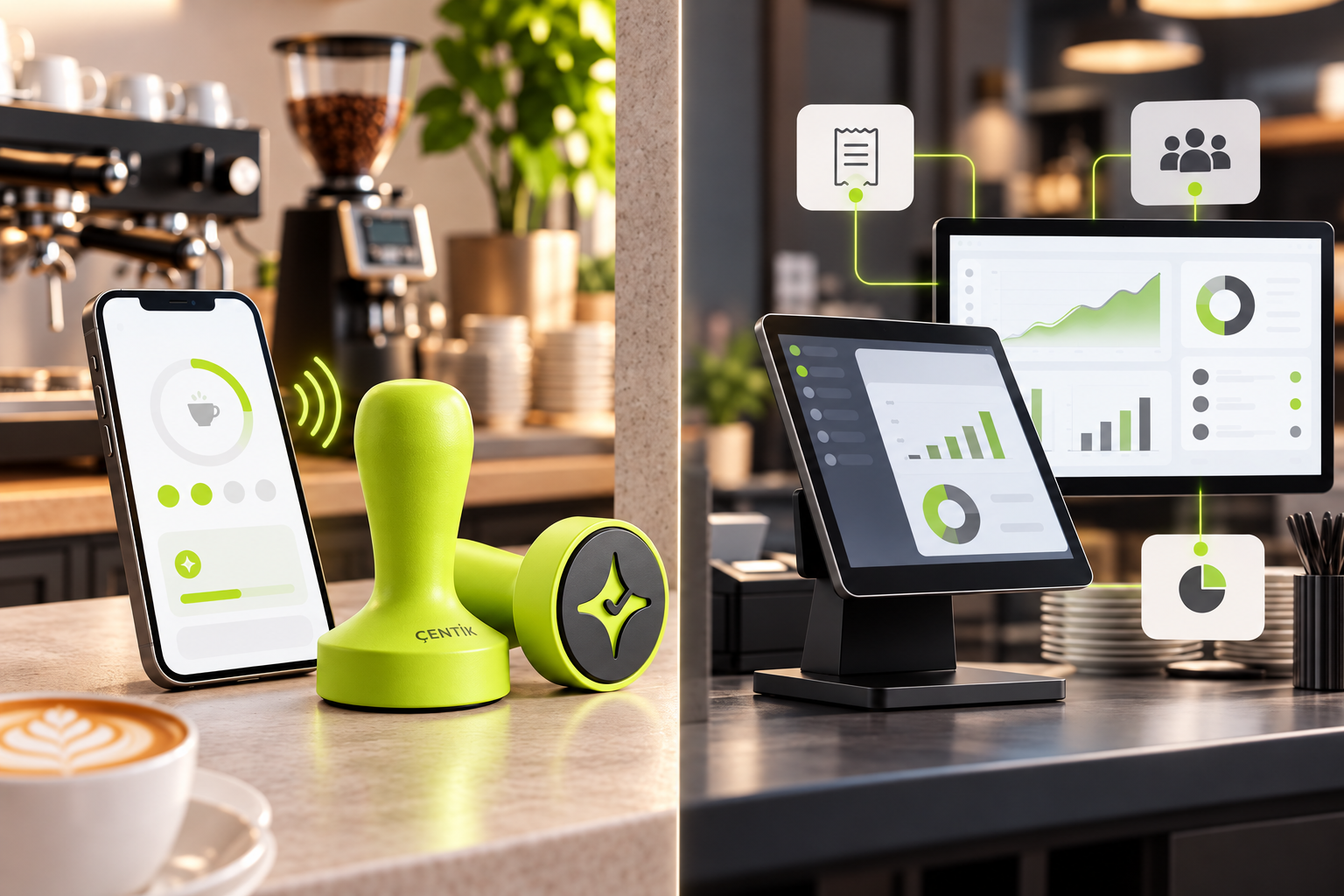 Editorial comparison of Çentik NFC and QR customer loyalty at a café counter and a connected restaurant loyalty workflow representing Olo Loyalty.