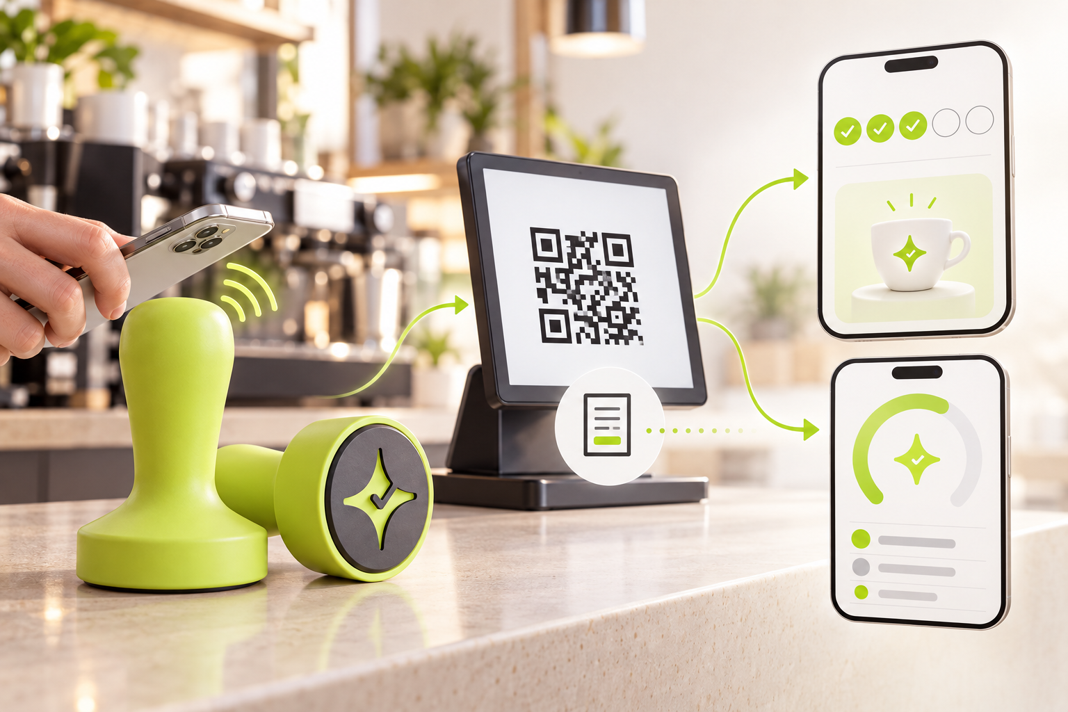 Editorial visualization of Çentik's NFC and QR loyalty interactions leading to count-based rewards or a balance-based loyalty account, with an optional POS-informed QR flow.