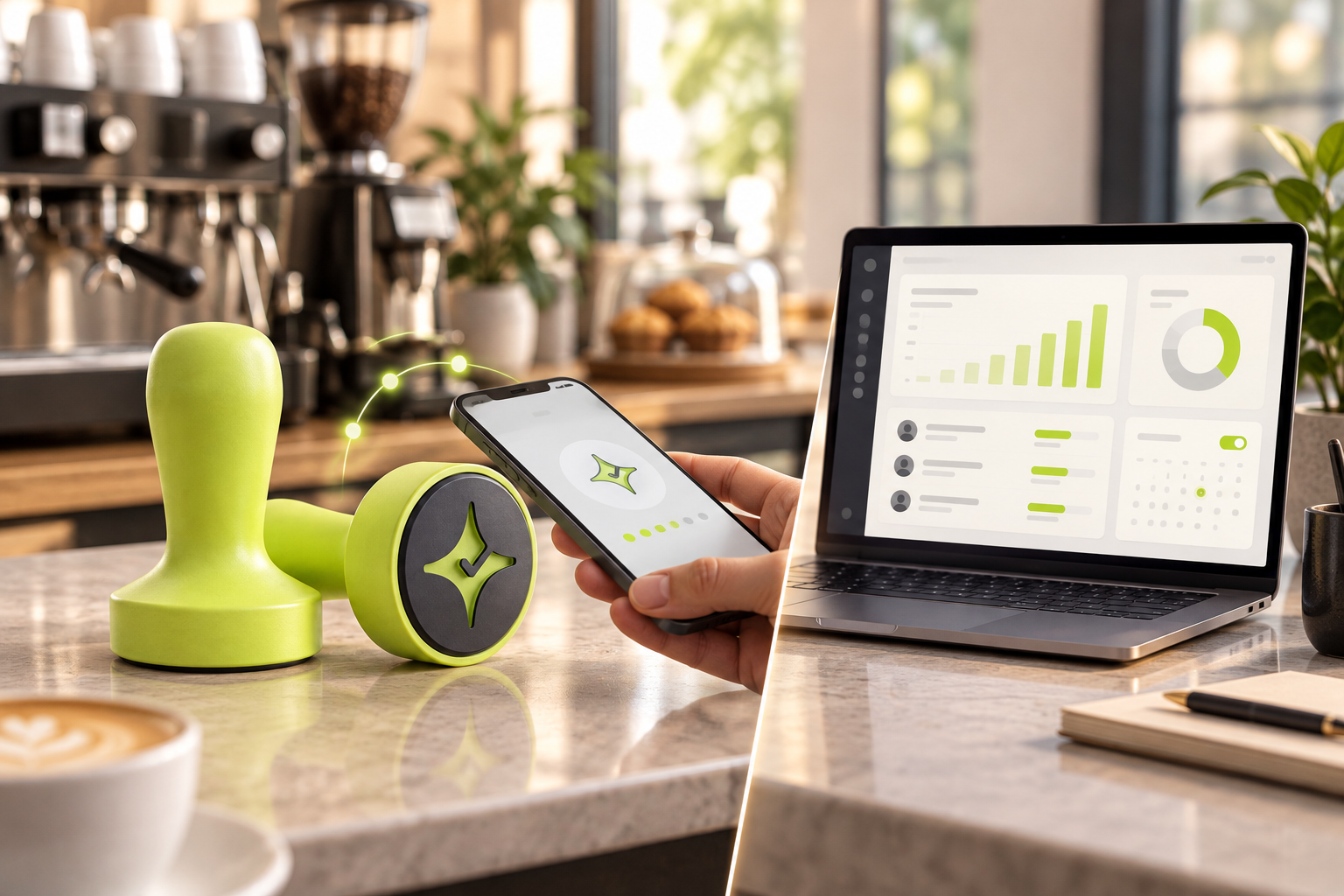 A Çentik NFC loyalty touchpoint at a modern café counter contrasted with a separate customer engagement and rewards workstation.