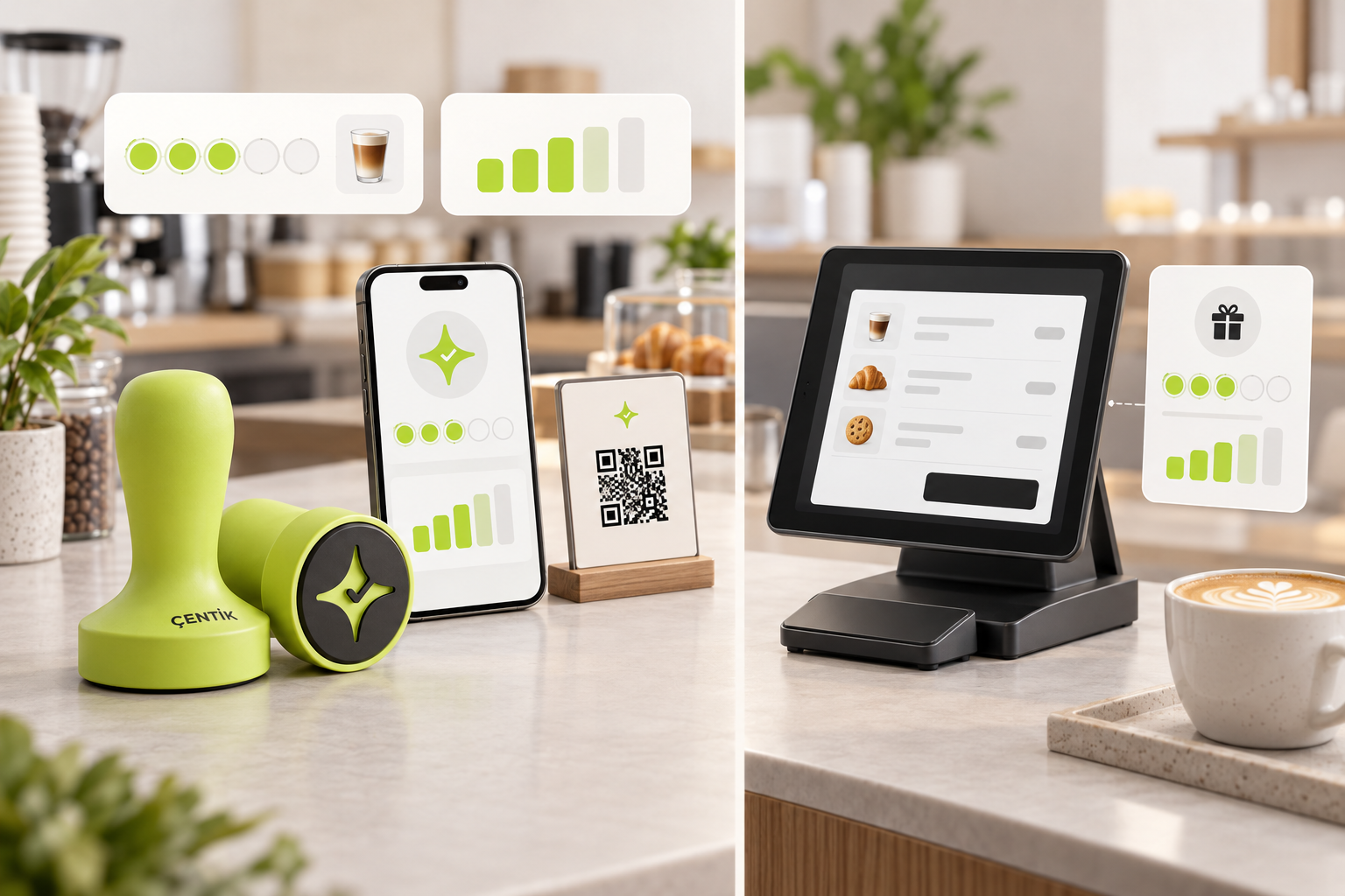 Editorial illustration comparing Çentik count and balance rewards through NFC and QR with rewards linked to a generic checkout system.