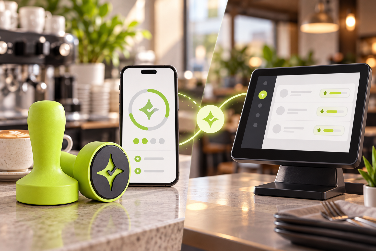 Çentik NFC loyalty touchpoint beside a customer smartphone, contrasted with a generic restaurant POS checkout and rewards experience.